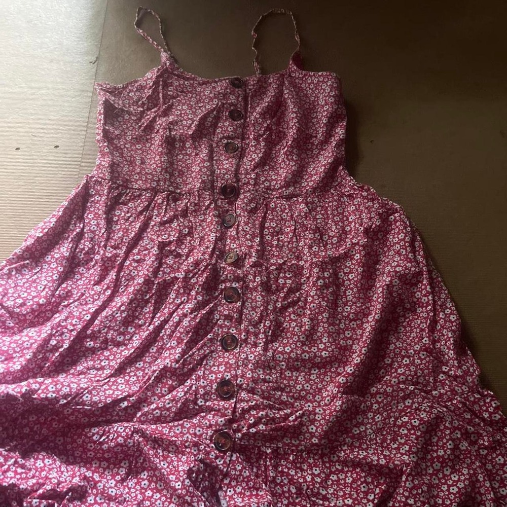 pink floral dress with small white floral print